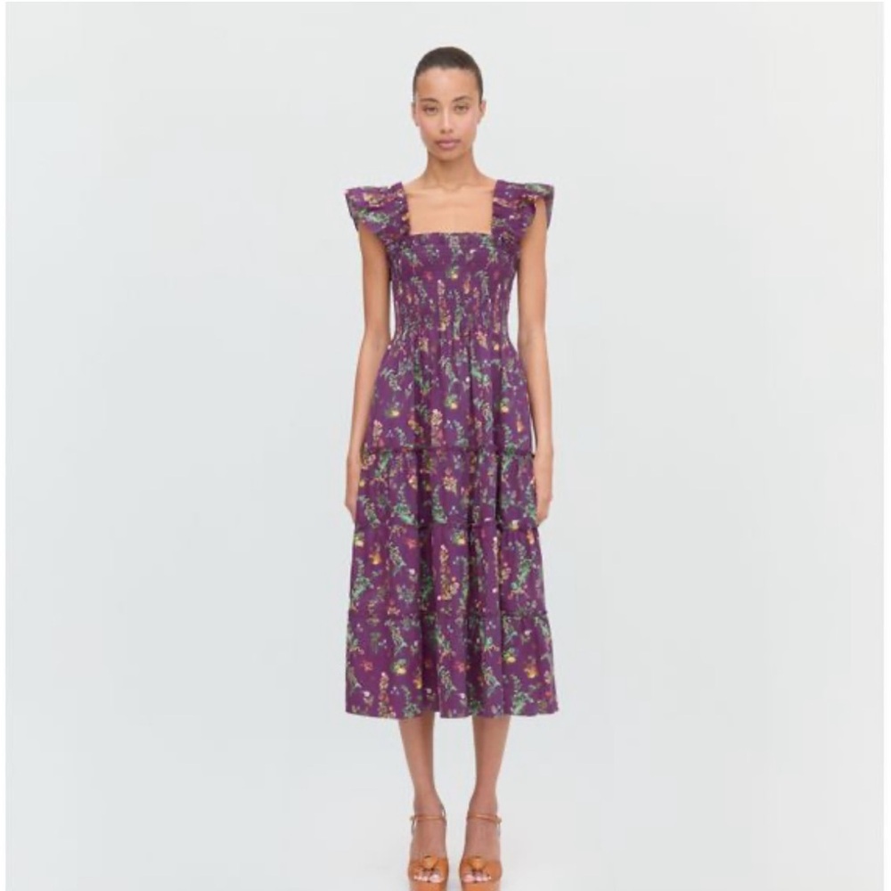 Purple Floral Tiered Midi Dress - Elegant Square Neck